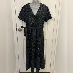 Black Sequin Midi Dress with V-Neck and Zipper Back, Sz L